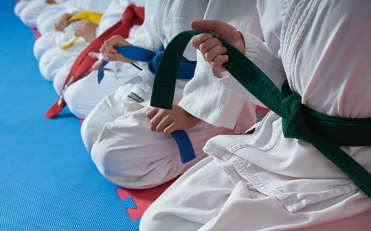 Karate students of several belt levels sitting down eagerly learning martial arts.